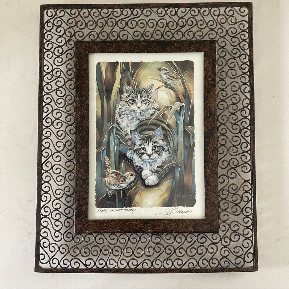 Jody Bergsma Cat & Bird Picture Card in Metal Frame with Glass